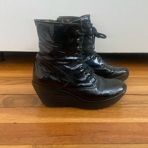 Fly London Faux Leather Black Wedge Boots in excellent new condition, Size 8.